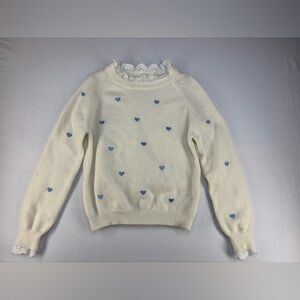 Vintage Women’s Cream Sweater (Blue hearts, lace detail)